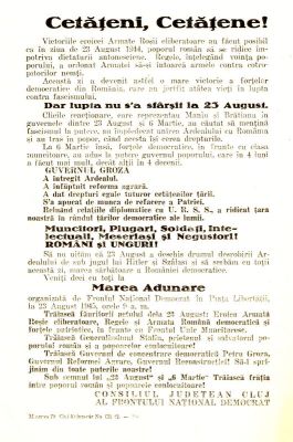 fluturaș; Chemare la Marea Adunare organizată de FND în P-ța Libertății Cluj, la 23 aug. 1945