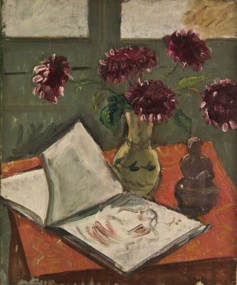 pictură de șevalet - Pallady, Theodor; Natură statică cu flori roșii și statuetă