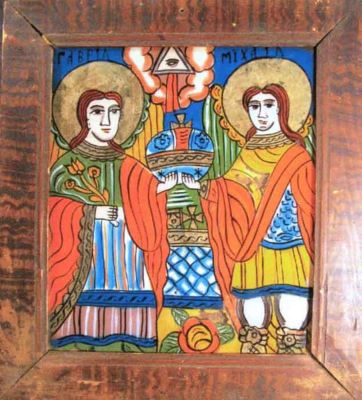 icoană pe sticlă; Arhanghelii Mihail și Gavriil