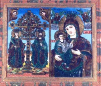 icoană pe sticlă - Morar, Ion; Sfinții Constantin și Elena; Maica cu Pruncul