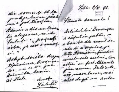 scrisoare - Sterca-Șuluțiu Iosif; Iosif Sterca-Șuluțiu către Aurel Mureșianu