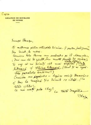 scrisoare - Blaga, Lucian; Blaga îi scrie lui Breazu despre premiera la „Meșterul Manole” amânată pe 18 nov. (Berna)