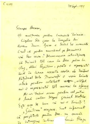 scrisoare - Blaga, Lucian; Blaga îi scrie lui Breazu despre piesa „Avram Iancu” care va fi jucată la Cluj, în iarnă (1934), apoi la București