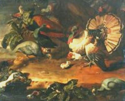 pictură - Kerckhoven, Jacob van den, zis Giacomo da Castello; Natură statică cu păsări; pandant: Natură statică cu vânat și pește