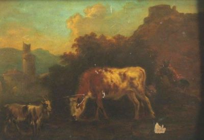 pictură - Bergen, Dirck van; Vaca și capra la pârâu