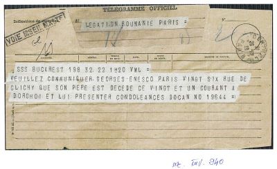 Docan; Telegramă trimisă de Docan la Paris prin care anunță decesul lui Costache Enescu