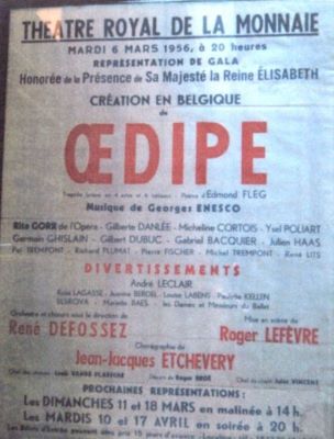 afiș muzical; Reprezentation de gala. Creation en Belgique de Oedipe. 6 mars 1956