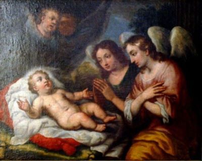pictură de șevalet - Anonim italian; Îngeri adorând pe Iisus