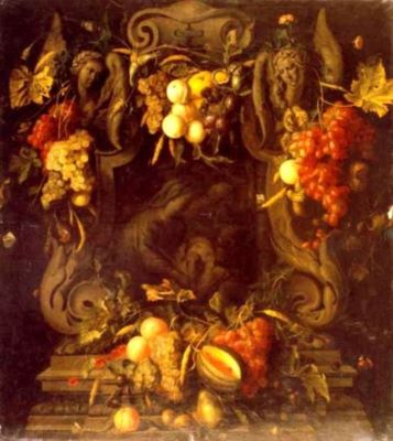pictură - Son, Joris van; Fructe pe un piedestal antic cu Sfânta Familie