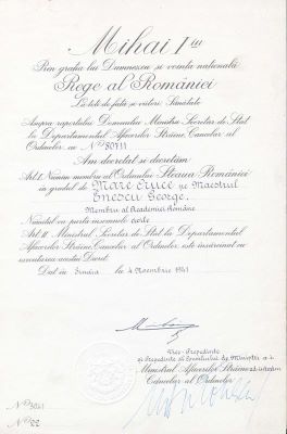 Ministerul Afacerilor Străine, Cancelaria Ordinelor; Brevet semnat de regele Mihai de numire a maestrului George Enescu ca membru al Ordinului „Steaua României” în grad de Mare Cruce