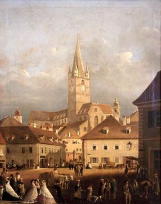 pictură - Böbel, Johann; Peisaj din Sibiu (Biserica evanghelică din Sibiu)