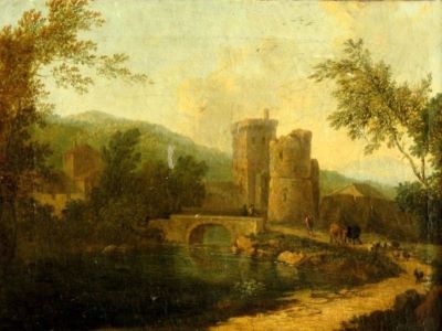 pictură - Brand, Christian Hülfgott; Peisaj cu turnuri și pod