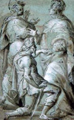 desen - Buonacorsi, Piero, zis Perino del Vaga; Trei figuri (față); Moise (verso)