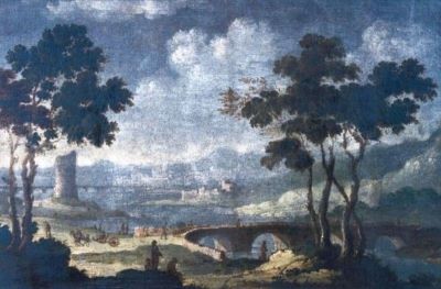 pictură - Dughet, Gaspard; Peisaj cu ruine pe malul Tibrului