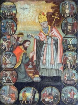 pictură; Sfântul Grigore Iluminatorul botezând regele Tiridates (cu scenele torturării sfântului)
