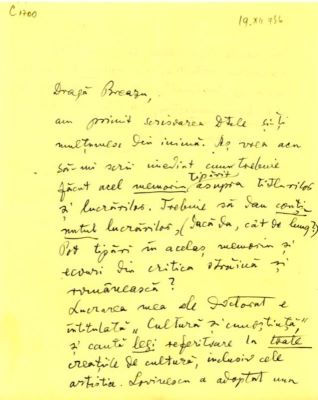 scrisoare - Blaga, Lucian; Blaga îi cere lui Breazu informații despre concursul la Universitate și îi dă detalii despre teza sa de doctorat „Cultură și cunoștință”