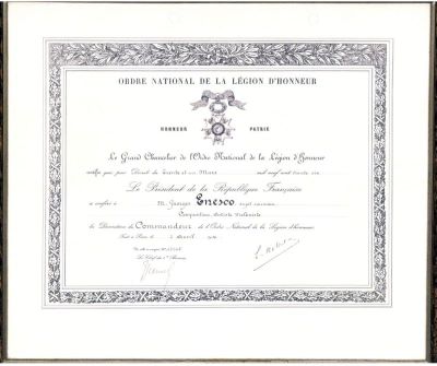Cancelaria Ordinului Național al „,Legiunii de Onoare”; Brevet prin care Președintele Republicii Franceze conferă lui George Enescu Ordinul Național al „Legiunii de Onoare” în grad de Comandor
