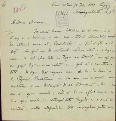 corespondență - Scrisoarea a fost redactată de Ion A. Rădulescu.; Scrisoare datată „Vineri, 25 iunie/7 iulie 1899, Leipzig“, adresată de Ion A. Rădulescu, Annei Maiorescu