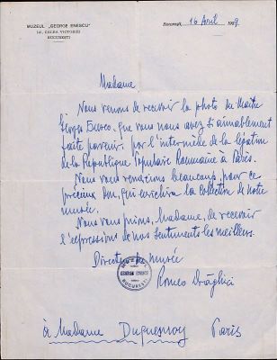 Romeo Drăghici; Scrisoare trimisă de către Romeo Drăghici, director al Muzeului „George Enescu‟, doamnei Adriénne Duquesnoy, fostă elevă a lui George Enescu, București, 16 aprilie 1959