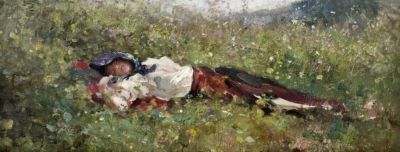 pictură - Grigorescu, Nicolae; Țărancă culcată în iarbă