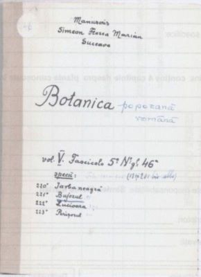 manuscris; Botanica poporană română vol. V, fascicola 5, specii: Iarba neagră, Bujorul, Lucioara, Perișorul