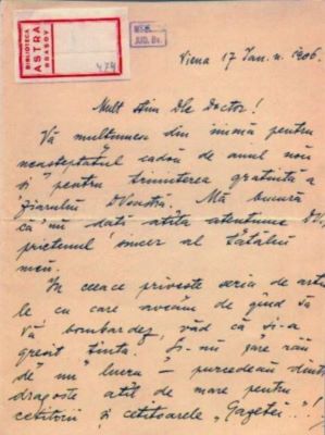 scrisoare - Petrescu, Horia Petra; Petrescu Horia Petra către Mureșianu Aurel