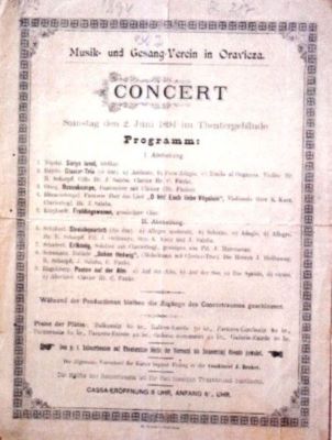 Tipografia Karl Wunder; Program de concert organizat de Reuniunea de Muzică și Cântări din Oravița