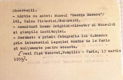 Romeo Drăghici; Scrisoare trimisă de către Romeo Drăghici, director al Muzeului „George Enescu‟, doamnei Adriénne Duquesnoy, fostă elevă a lui George Enescu, București, 16 aprilie 1959