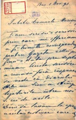 scrisoare - Periețeanu Buzău, S.; Periețeanu Buzău S. către Mureșianu Aurel