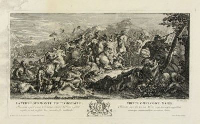 gravură - Le Clerc, Sebastien; (DEL:); (SC.); Le Brun, Charles (PX.); Langlois, N.; (EX.); La Vertue surmonte tout obstacle