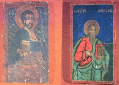 icoană pe lemn; Sfântul Nicolae, Evanghelistul Luca - Icoană cu două fețe