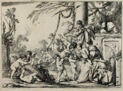 gravură - Hyre, Laurent de la; (DEL.); (SC.); Mariette II, Pierre; (EX.); Sfânta Familie cu îngeri