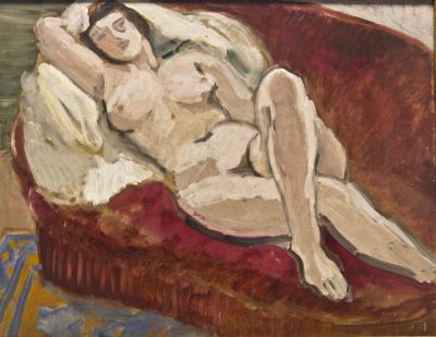 pictură de șevalet - Pallady, Theodor; Nud pe canapea vișinie – Fată pe canapea