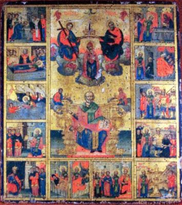 icoană pe lemn; Sfânta Treime, Sfântul Ierarh Nicolae