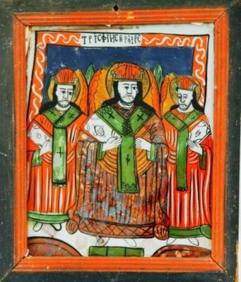 icoană pe sticlă; Sfinții Trei Ierarhi
