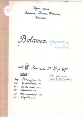 manuscris - Marian, Simion Florea; Botanică poporană: vol. VII, fascicola 5: specii: Părangina, Sovârvărița, Iarba mare, Tătărcuța, Armurariul, Săgeata