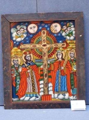 icoană pe sticlă; Sfinții Împărați Constantin și Elena cu Sfântul Vasile și Sfântul Nicolae