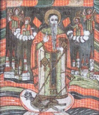 icoană pe sticlă - Purcariu, Matei (Țimforea); Sfântul Haralambie omorând ciuma