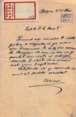 scrisoare - Pop, Traian; Anunță sosirea la Brașov pentru trei săptămâni