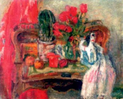 pictură - Grigorescu, Lucian; Interior (Natură statică cu figurină și joben galben)