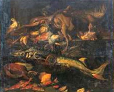 pictură - Kerckhoven, Jacob van den, zis Giacomo da Castello; Natură statică cu vânat și pește; pandant: Natură statică cu păsări