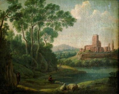 pictură - Lint, Hendrick Frans van; Castel în ruină lângă lac