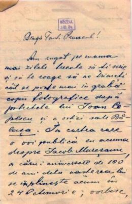 scrisoare - Mureșianu, A. Aurel; Mureșianu A. Aurel către mătușa sa, Doamna Maria de Pruncul
