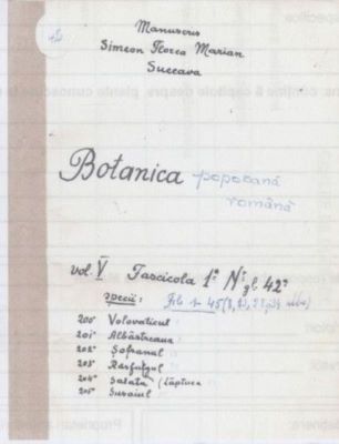 manuscris; Botanica poporană română vol. V, fascicola 1, specii: Volovaticul, Șofranul, Răsfugul (Lăptuca), Susaiul