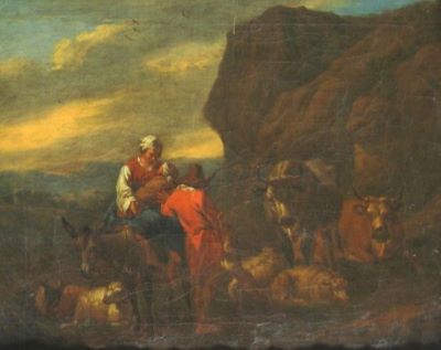 pictură - Berchem, Nicolas (Claes) Pietersz; Peisaj stâncos cu vite