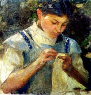 pictură - Strâmbu(lescu), Ipolit; Fetiță cusând