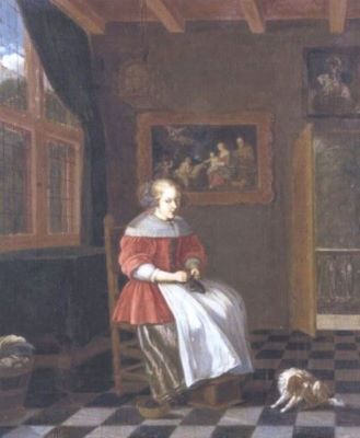 pictură - Slingelandt, Pieter Cornelisz van; Femeie în interior (Femeie tricotând)