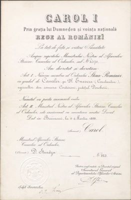 Ministerul Afacerilor Străine, Cancelaria Ordinelor; Brevet semnat de regele Carol I de numire a lui Constantin Enescu ca membru al Ordinului „Steaua României” în grad de Cavaler