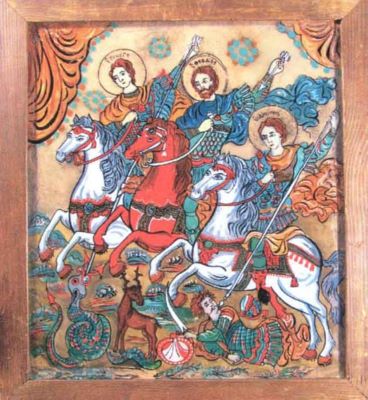 icoană pe sticlă; Sfinții Militari Gheorghe, Theodor - Tiron și Dimitrie