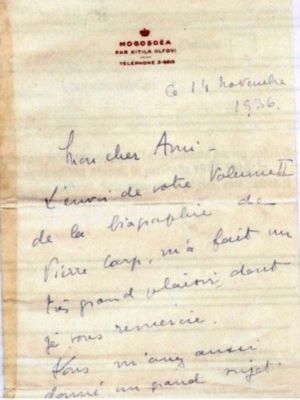 Martha Bibescu; Scrisoare trimisă de Martha Bibescu lui C. Gane
